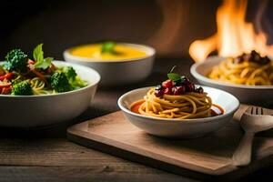 spaghetti, broccoli and a bowl of soup on a table. AI-Generated photo