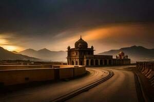 el puesta de sol terminado el mezquita en Pakistán. generado por ai foto