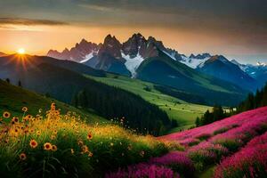 the sun sets over a field of flowers and mountains. AI-Generated photo