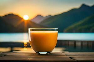 glass of orange juice on a wooden table in front of a lake. AI-Generated photo