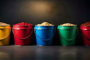 a row of colorful buckets with different types of food. AI-Generated photo