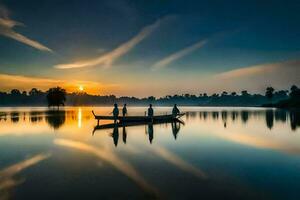 el barco es flotante en el calma agua a puesta de sol. generado por ai foto