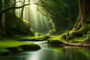 a person walking along a path in a forest with green trees. AI-Generated photo
