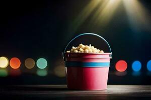 a bucket of popcorn on a table with lights in the background. AI-Generated photo