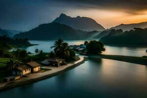 photo wallpaper the sky, mountains, water, house, the village, the river, the mountains. AI-Generated