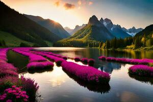 the sun rises over a lake with pink flowers. AI-Generated photo