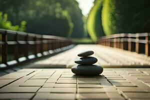 zen stone balancing on bridge. AI-Generated photo