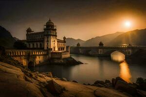 the sun sets over a castle in india. AI-Generated photo