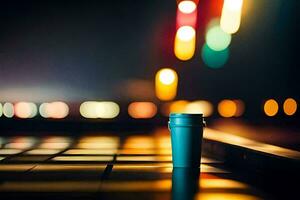 un café taza sentado en un mesa en frente de un ciudad a noche. generado por ai foto