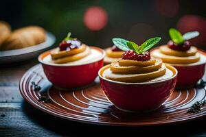 Tres pequeño tazas de postre con fresas en cima. generado por ai foto