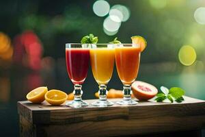 Tres lentes de naranja jugo con rebanadas de fruta. generado por ai foto