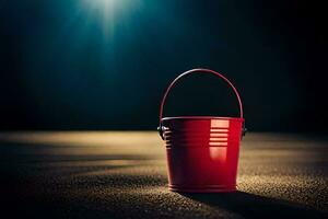 a red bucket on a dark surface with a bright light. AI-Generated photo