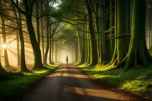 un hombre camina abajo un camino en el medio de un bosque. generado por ai foto