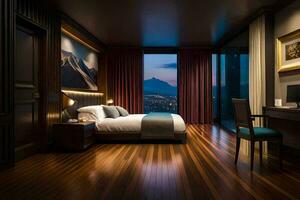 a hotel room with a bed and a large window. AI-Generated photo