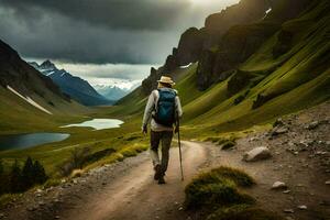 a man with a backpack walks along a dirt road in the mountains. AI-Generated photo