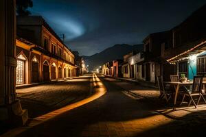 a street at night with a table and chairs. AI-Generated photo