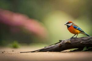 a colorful bird sits on a branch in the sand. AI-Generated photo