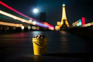 un amarillo Cubeta en el calle en París. generado por ai foto