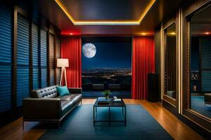 a living room with a view of the city and a full moon. AI-Generated photo