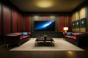 un vivo habitación con rojo cuero sofás y un plano pantalla televisor. generado por ai foto