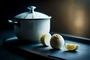 a white pot with a lemon and two eggs. AI-Generated photo