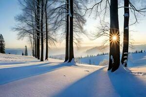 the sun shines through the trees in a snowy landscape. AI-Generated photo