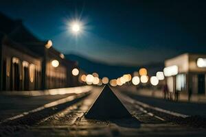 un calle con un iluminado arriba edificio en el antecedentes. generado por ai foto