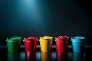 a row of buckets with different colored ice cream. AI-Generated photo