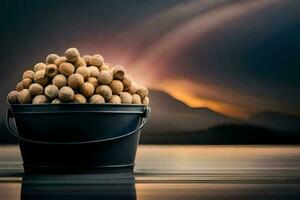 a bucket full of walnuts on a lake. AI-Generated photo