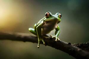 a frog sitting on a branch with a blurry background. AI-Generated photo