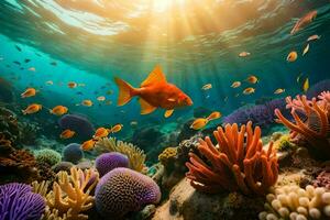 photo wallpaper sea, coral, fish, sun, the ocean, coral reef, fish, underwater. AI-Generated