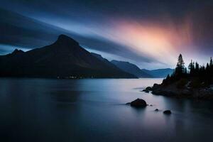 a long exposure photograph of a mountain range and lake at dusk. AI-Generated photo