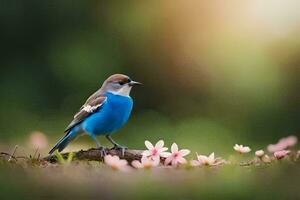 un azul pájaro es en pie en un rama con rosado flores generado por ai foto