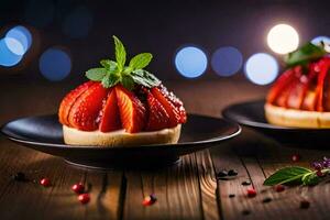 two small desserts on black plates with strawberries. AI-Generated photo