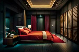 a bedroom with a red bed and wooden shutters. AI-Generated photo