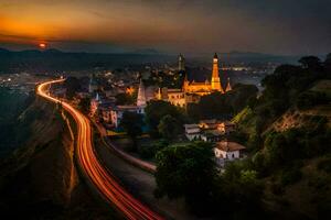 a city at sunset with a long exposure of traffic on the road. AI-Generated photo