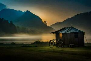 the hut and the mountain at sunrise. AI-Generated photo