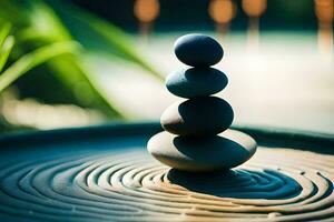 a stack of stones sitting on top of a water fountain. AI-Generated photo