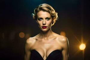 a beautiful woman in a black dress with red lipstick. AI-Generated photo