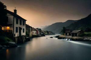 un río carreras mediante un pueblo a puesta de sol. generado por ai foto