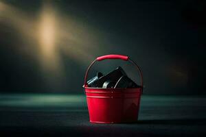 a red bucket with black objects inside. AI-Generated photo