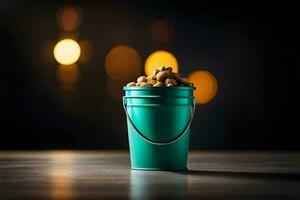 a bucket of peanuts on a table. AI-Generated photo