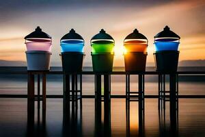 five colorful lamps on a pier at sunset. AI-Generated photo