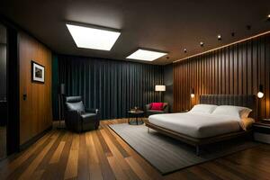 a modern bedroom with wooden walls and a bed. AI-Generated photo