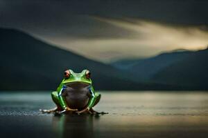 a frog sitting on the edge of a lake with a dark sky. AI-Generated photo