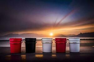 four buckets with the sun setting behind them. AI-Generated photo