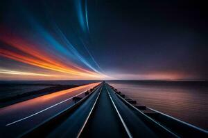 a long exposure photograph of a road with a train going through it. AI-Generated photo