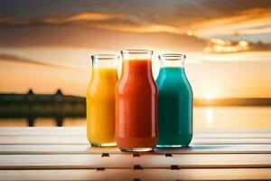 three bottles of juice on a wooden table. AI-Generated photo