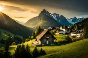 the sun shines on a mountain village in the alps. AI-Generated photo
