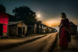 a woman in a red sari stands in the middle of a dirt road. AI-Generated photo